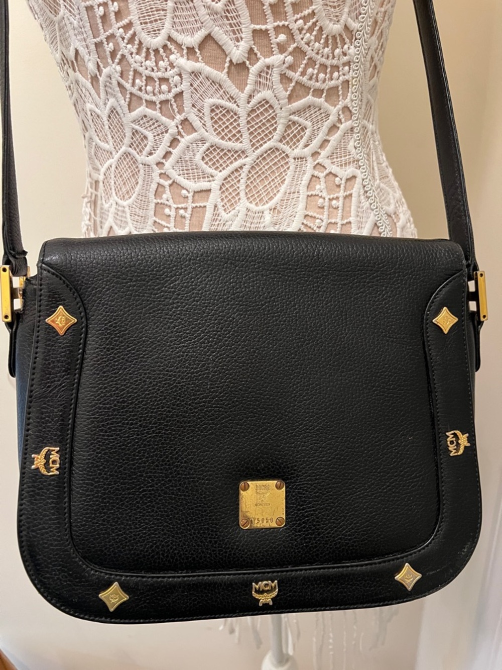 MCM Black Leather Crossbody Bag with Gold Accents - Picture 15 of 15